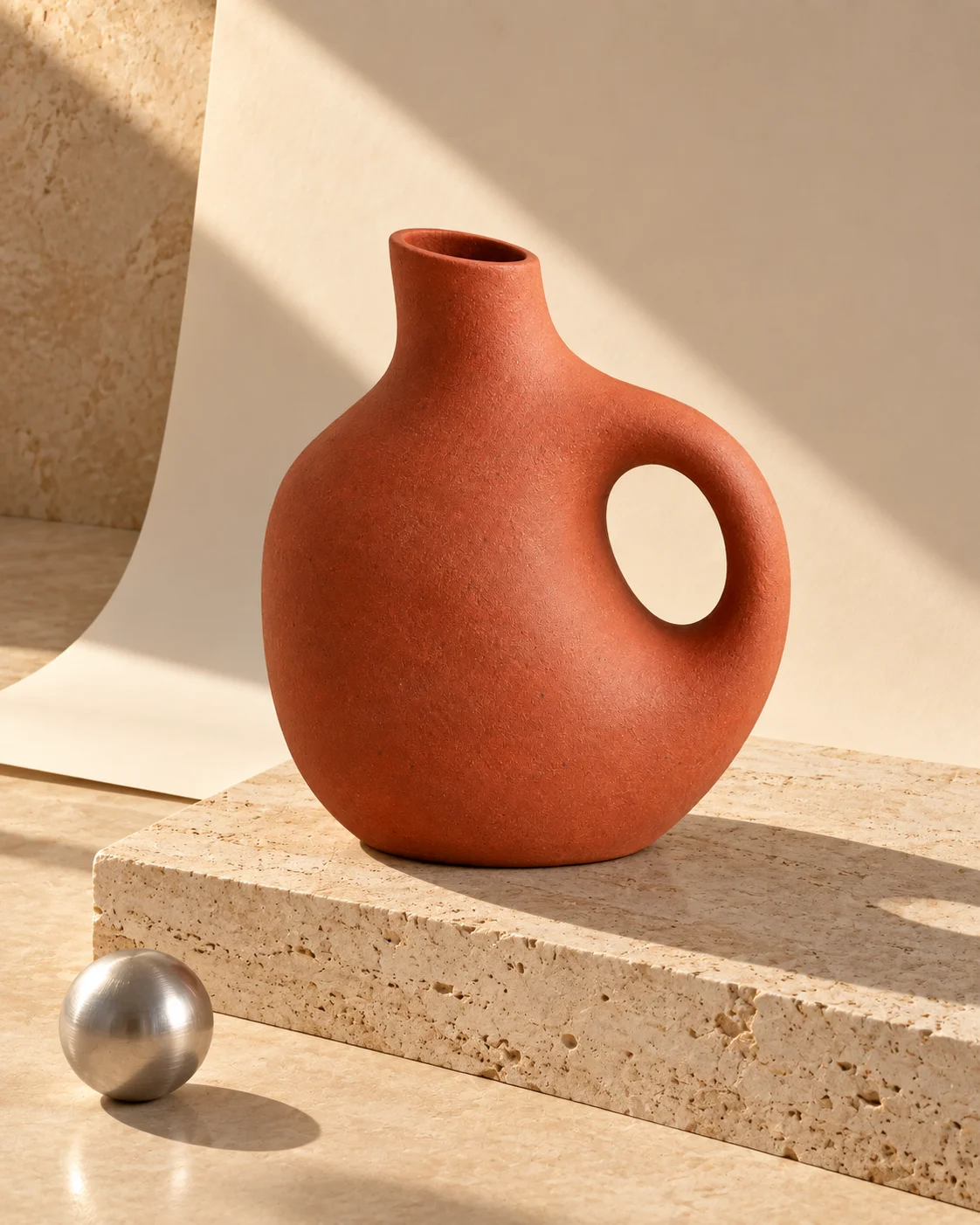 Terracotta vase on a travertine plinth, with a curved paper backdrop and an aluminium sphere in warm sunlight.